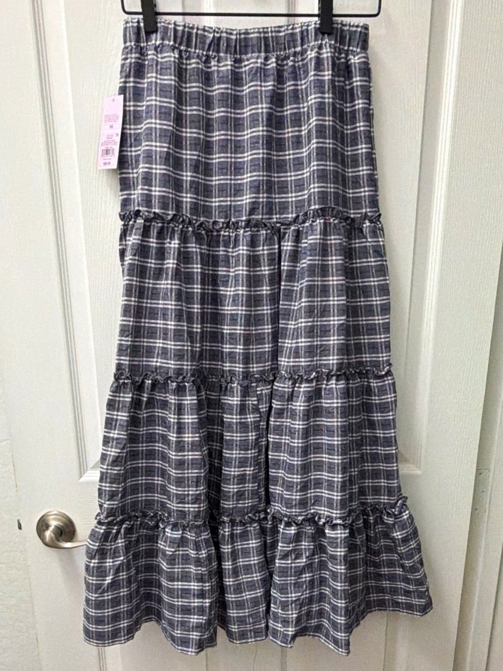 Gray Plaid Tiered Maxi Skirt - Women